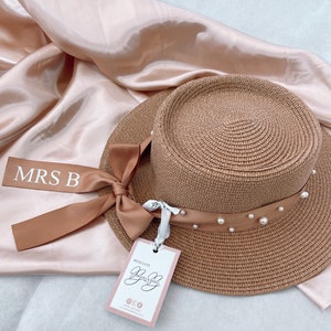 Personalised Multi-use Fedora Panama Hat. Straw Beach Hat. Holiday Hen Party Honeymoon Gift Bridal Wife Mrs Bridesmaid Monogram Ribbon image 4