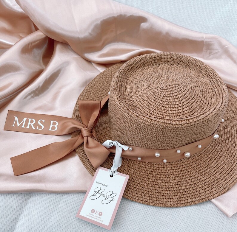 Personalised Multi-use Fedora Panama Hat. Straw Beach Hat. Holiday Hen Party Honeymoon Gift Bridal Wife Mrs Bridesmaid Monogram Ribbon image 4