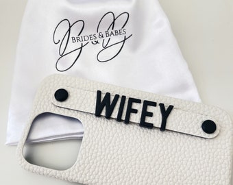 Mama Mrs Wifey Bride Grained Genuine Leather Phone Case White Black Letter Embellishment Phone Strap New Mum Mothers Day Shower Hen Gift