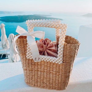 Personalised Straw Pearl Shoulder Bag. Wedding Holiday Bridal Hen Honeymoon Gift Embellished Woven Beach Pearl Tote Handbag Monogram Purse