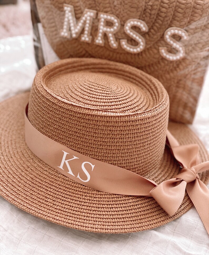 Personalised Multi-use Fedora Panama Hat. Straw Beach Hat. Holiday Hen Party Honeymoon Gift Bridal Wife Mrs Bridesmaid Monogram Ribbon image 3