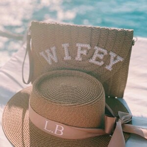 Personalised Multi-use Fedora Panama Hat. Straw Beach Hat. Holiday Hen Party Honeymoon Gift Bridal Wife Mrs Bridesmaid Monogram Ribbon image 6