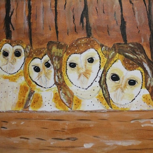 Siblings signed original 11 x 14 Acrylic on unframed Stretched Canvas of young Barn Owls