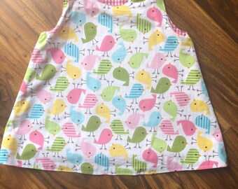 girl's reversible aline dress animal print pastel birds and pink gingham 12 - 18 months