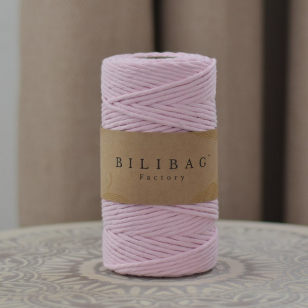 Twisted Macrame Cord, Baby Pink Bilibag Factory Cotton Cord 3mm, 100m, Single Ply Macrame Cord