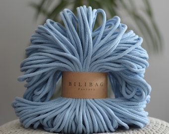 Bilibag Factory Cotton Cord 5mm, MADE IN UK, Baby Blue 100m, Macrame Cord, Crochet Cord, Knitting, Braided Cord, Cotton Rope, Cotton Yarn