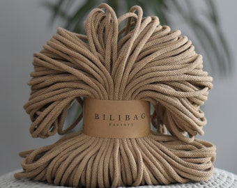 Bilibag Factory Cotton Cord 5mm, MADE IN UK, Brown Sugar 100m, Macrame Cord, Crochet Cord, Knitting, Braided Cord, Cotton Rope, Cotton Yarn