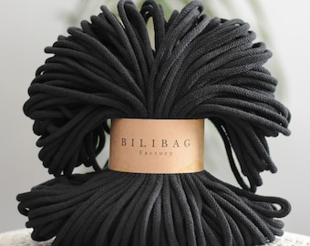 Bilibag Factory Cotton Cord 5mm, MADE IN UK, Black 100m, Macrame Cord, Crochet Cord, Knitting, Braided Cord, Cotton Rope, Cotton Yarn