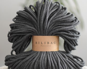 Bilibag Factory Cotton Cord 5mm, MADE IN UK, Graphite 100m, Cord, Crochet Cord, Knitting, Braided Cord, Cotton Rope, Cotton Yarn