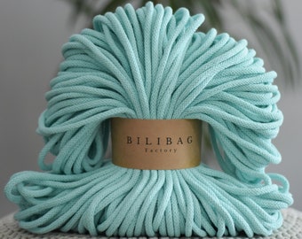 Bilibag Factory Cotton Cord 5mm, MADE IN UK, Mint 100m, Macrame Cord, Crochet Cord, Knitting, Braided Cord, Cotton Rope, Cotton Yarn
