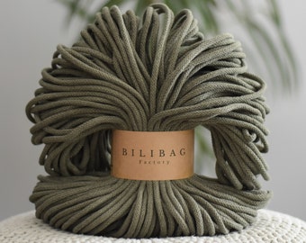 Bilibag Factory Cotton Cord 5mm, MADE IN UK, Khaki 100m, Macrame Cord, Crochet Cord, Knitting, Braided Cord, Cotton Rope, Cotton Yarn
