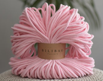 Bilibag Factory Cotton Cord 5mm, MADE IN UK, Baby Pink 100m, Macrame Cord, Crochet Cord, Knitting, Braided Cord, Cotton Rope, Cotton Yarn