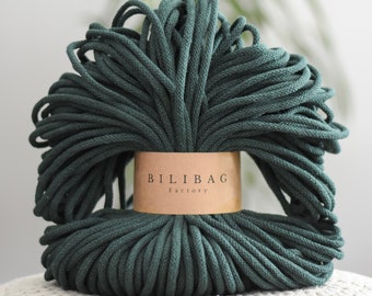 Bilibag Factory Cotton Cord 5mm, MADE IN UK, Deep Green 100m, Macrame Cord, Crochet Cord, Knitting, Braided Cord, Cotton Rope, Cotton Yarn