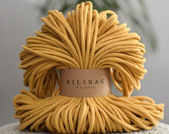 Bilibag Factory Cotton Cord 5mm, MADE IN UK, Mustard 100m, Macrame Cord, Crochet Cord, Knitting, Braided Cord, Cotton Rope, Cotton Yarn