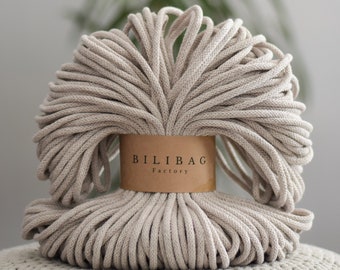 Bilibag Factory Cotton Cord 5mm, MADE IN UK, Beige 100m, Cord, Crochet Cord, Knitting, Braided Cord, Cotton Rope, Cotton Yarn