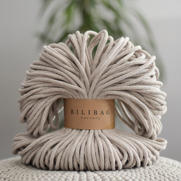 Bilibag Factory Cotton Cord 5mm, MADE IN UK, Beige 100m, Cord, Crochet Cord, Knitting, Braided Cord, Cotton Rope, Cotton Yarn
