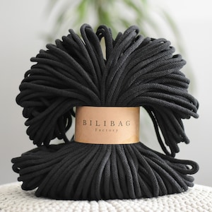 Bilibag Factory Cotton Cord 5mm, MADE IN UK, Black 100m, Macrame Cord, Crochet Cord, Knitting, Braided Cord, Cotton Rope, Cotton Yarn