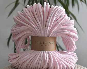 Bilibag Factory Cotton Cord 5mm, MADE IN UK, Bloom Rose 100m, Cord, Crochet Cord, Knitting, Braided Cord, Cotton Rope, Cotton Yarn