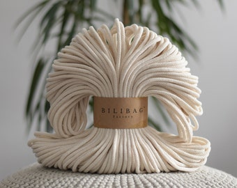 Bilibag Factory Cotton Cord 5mm, MADE IN UK, Vanilla 100m, Macrame Cord, Crochet Cord, Knitting, Braided Cord, Cotton Rope, Cotton Yarn