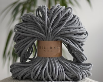 Bilibag Factory Cotton Cord 5mm, MADE IN UK, Dark Grey 100m, Macrame Cord, Crochet Cord, Knitting, Braided Cord, Cotton Rope, Cotton Yarn