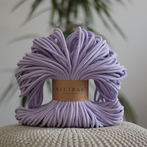 Bilibag Factory Cotton Cord 5mm, MADE IN UK, Lilac 100m, Cord, Crochet Cord, Knitting, Braided Cord, Cotton Rope, Cotton Yarn