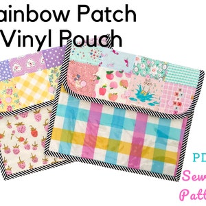 Puede incluir: Un patrón de costura para una bolsa de vinilo con parches de arcoíris. El patrón incluye tres diseños de bolsas diferentes con varias telas de patchwork de colores. El texto "Patrón de costura PDF" es visible en la esquina inferior derecha de la imagen.