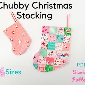 May include: A PDF sewing pattern for four sizes of a Christmas stocking. The stocking is pink and white with a patchwork design. The text "Chubby Christmas Stocking" and "4 Sizes" is visible in the image.