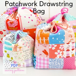 Patchwork Drawstring Bag PDF Sewing Pattern – Scrap Friendly, Beginner Friendly, Boxed Corners, Quilted Pouch