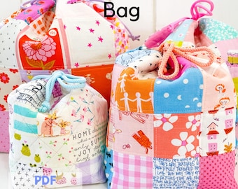 Patchwork Drawstring Bag PDF Sewing Pattern – Scrap Friendly, Beginner Friendly, Boxed Corners, Quilted Pouch