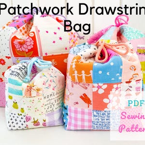 Patchwork Kordelzug Tasche PDF Schnittmuster - Schrott-freundlich, Anfänger freundlich, Boxed Ecken, gesteppter Beutel