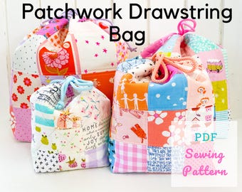 Patchwork Kordelzug Tasche PDF Schnittmuster - Schrott-freundlich, Anfänger freundlich, Boxed Ecken, gesteppter Beutel