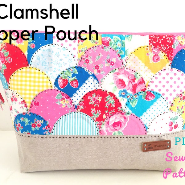 Patchwork Clamshell Zipper Pouch- English Paper Piecing Pouch using clamshells- PDF Sewing Pattern.