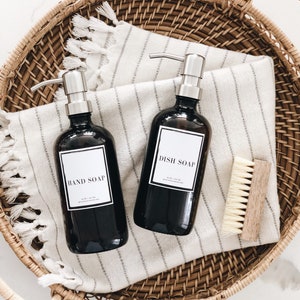 Kitchen set amber glass refillable soap dispenser bottles with label 16oz: Hand soap and Dish soap