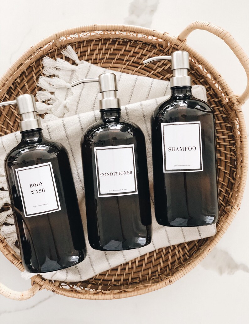 Bath Set Large Amber Glass Bottles Shampoo/conditioner/body Etsy