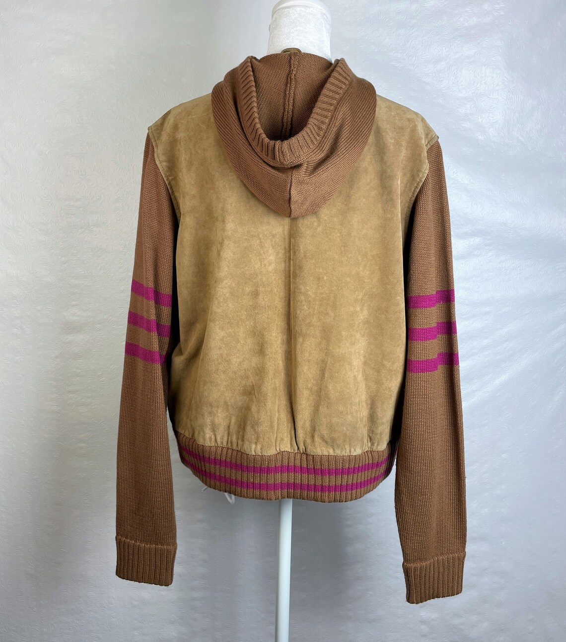 Y2K Genuine Leather Bomber Jacket Knit Sleeves & Hood Sz XL Etsy