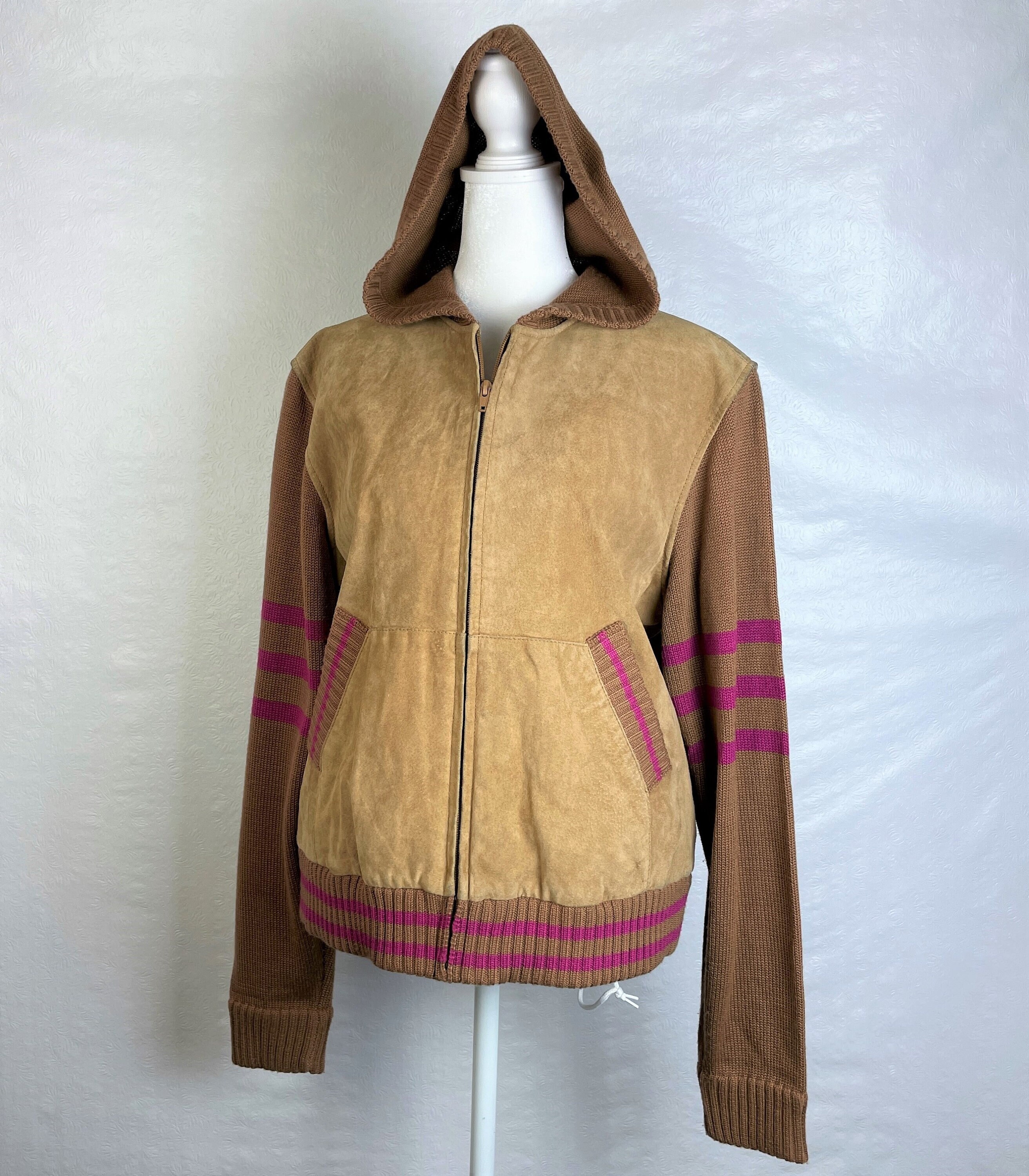 Y2K Genuine Leather Bomber Jacket Knit Sleeves & Hood Sz XL Etsy