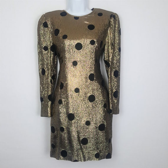 Vintage 80s Party Prom Gold Lame Metallic Polka Do