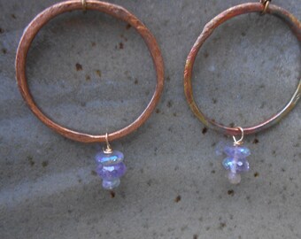 Rainbow copper hoops,mystic faceted pink amethyst-Amethyst hoop earrings-Sparkly pink amethyst earrings-February birthstone-purple earrings