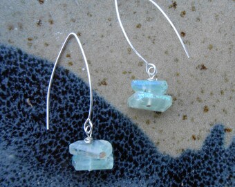 AB fluorite nugget earrings-Silver fishhook earrings-Green fluorite crystal drop earrings-March birthstone-Minimalist earrings-Green earring