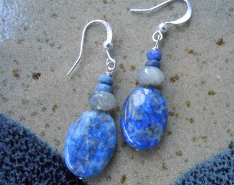 Lapis and labradorite drop earrings-Large lapis dangle earring-Oval lapis pyrite drop earring-Ethnic lapis earrings-Minimalist lapis earring