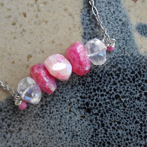 Faceted pink rainbow moonstone, amethyst nugget bar necklace- Pink amethyst,mystic ruby moonstone bar necklace-Valentines day gift-