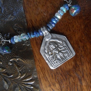 Antique Indian Amulet Necklace- Hindu Goddess pendant lapis, labradorite, fluorite bar necklace- Rajasthan silver goddess amulet necklace
