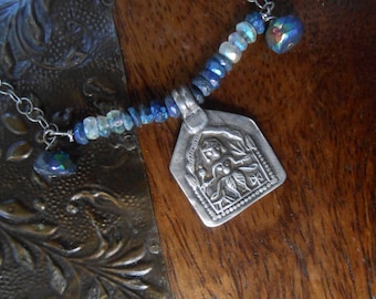 Antique Indian Amulet Necklace- Hindu Goddess pendant lapis, labradorite, fluorite bar necklace- Rajasthan silver goddess amulet necklace