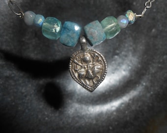 Antique silver goddess amulet bar necklace. Silver charm fluorite chrysocolla necklace.Rajathstan pendant necklace-Spiritual amulet necklace