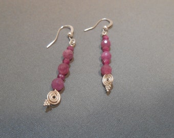 Ruby,pink sapphire drop earrings-Bali silver,ruby dangle earrings-Ruby July birthstone gift-Sapphire September birthstone-Sapphire earrings