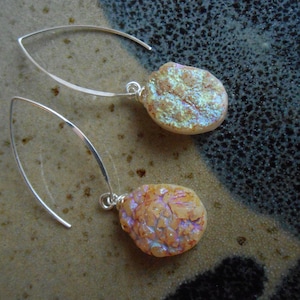 Champagne crystal druzy earrings-Long orange druzy earrings-Spiritual crystal druzy ,silver fishhhook earrings-Drop orange druzy earrings