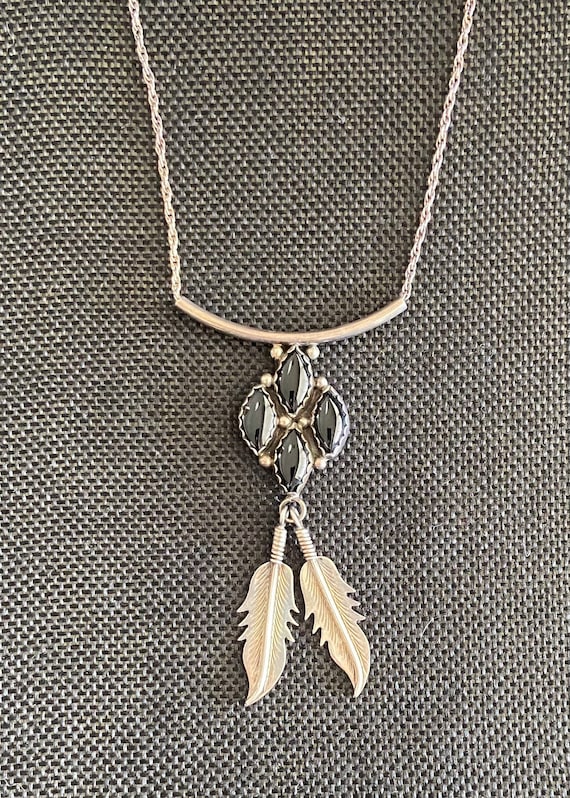 Black and Sterling Silver Stone and Feather Pendan