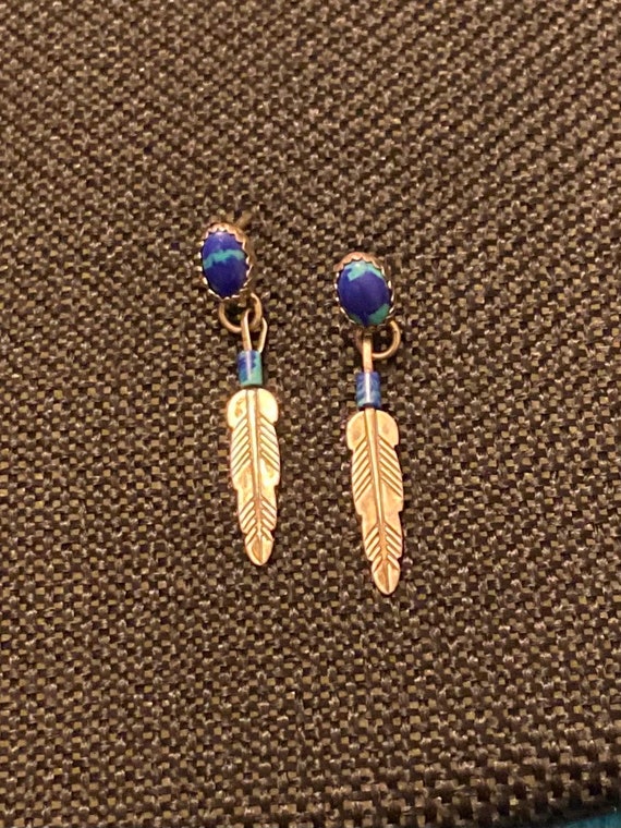 Azurite Malachite Feather Dangle Earrings