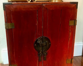 Antique Early 19th Century Chinese Wooden Wedding Cabinet with Personal Inscription