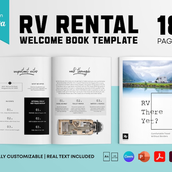 RV Rental Welcome Book Template | RV Rental Manual Template | Rv Welcome Packet | Camper Welcome Book - 18 Pages (InDesign + Canva)
